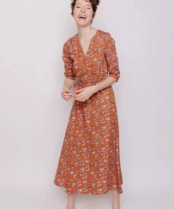 Mata Traders Aditi Hazelnut Floral Tencel Wrap Dress Clothing