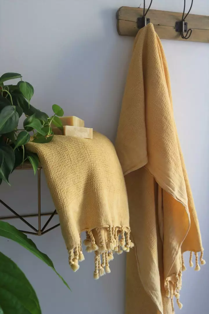 Anatolico Waffle Weave Turkish Towel - Mustard 1 Anatolico Waffle Weave Turkish Towel - Mustard