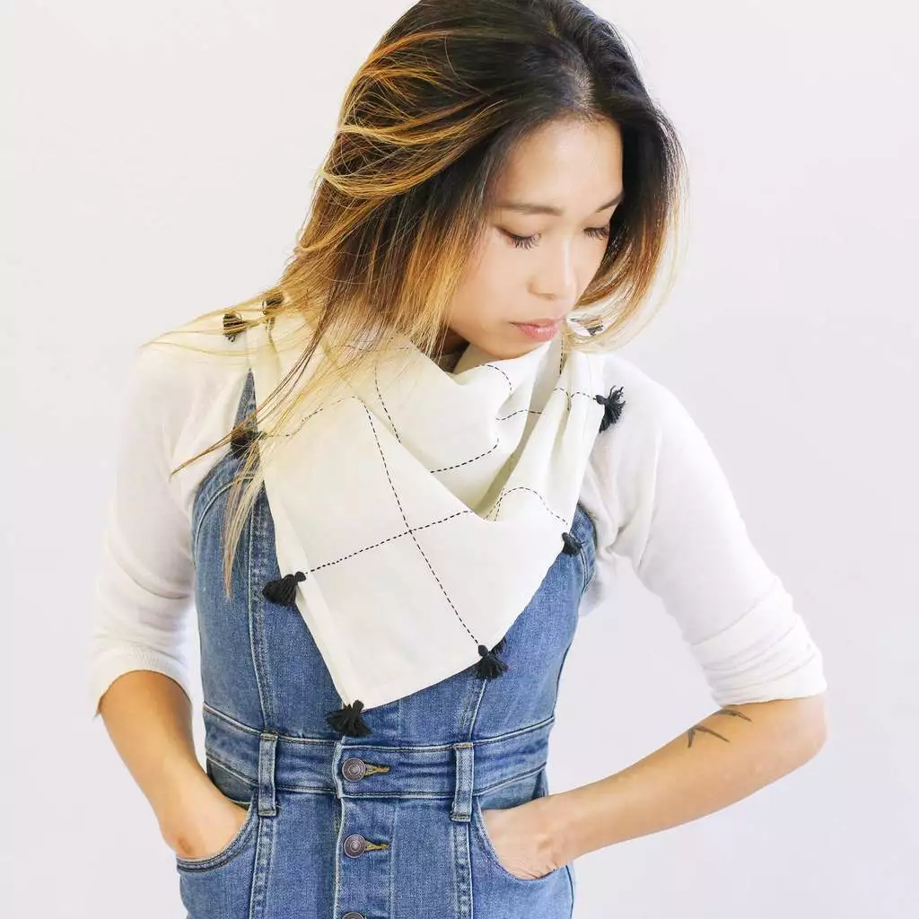 Anchal Grid Scarf With Tassels - Bone Accessories 3 Anchal Grid Scarf With Tassels - Bone Accessories