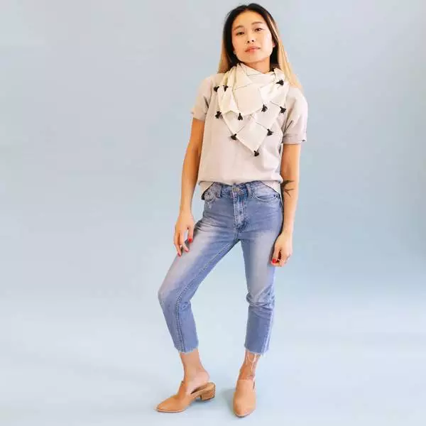 Anchal Grid Scarf With Tassels - Bone Accessories 5 Anchal Grid Scarf With Tassels - Bone Accessories