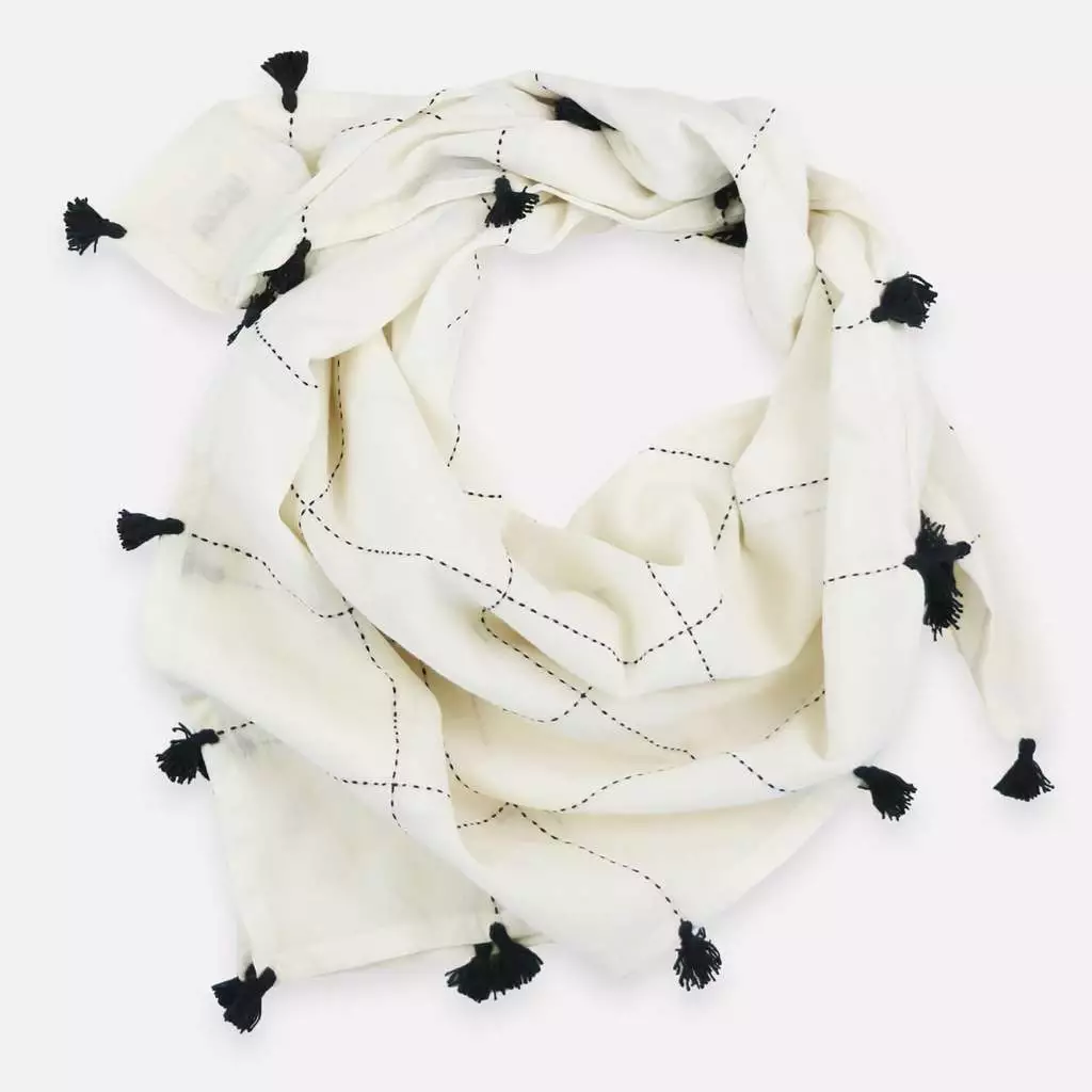 Anchal Grid Scarf With Tassels - Bone Accessories 1 Anchal Grid Scarf With Tassels - Bone Accessories