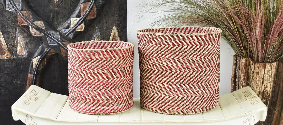 Swahili African Modern Berry And Natural Maila Milulu Reed Basket 2 Swahili African Modern Berry And Natural Maila Milulu Reed Basket