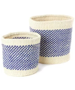 Swahili African Modern Home Goods Blue And Cream Twill Sisal Nesting Basket Set