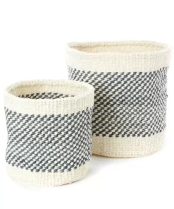 Swahili African Modern Home Goods Charcoal And Cream Twill Sisal Nesting Baskets