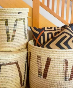 Swahili African Modern Chestnut Arrow Doum Palm Hamper Basket Set Home Goods