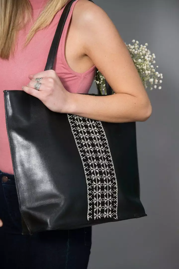 Darzah Black Leather Tatreez Tote Bag Fair Trade 2 Darzah Black Leather Tatreez Tote Bag Fair Trade