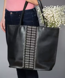 Darzah Black Leather Tatreez Tote Bag Fair Trade