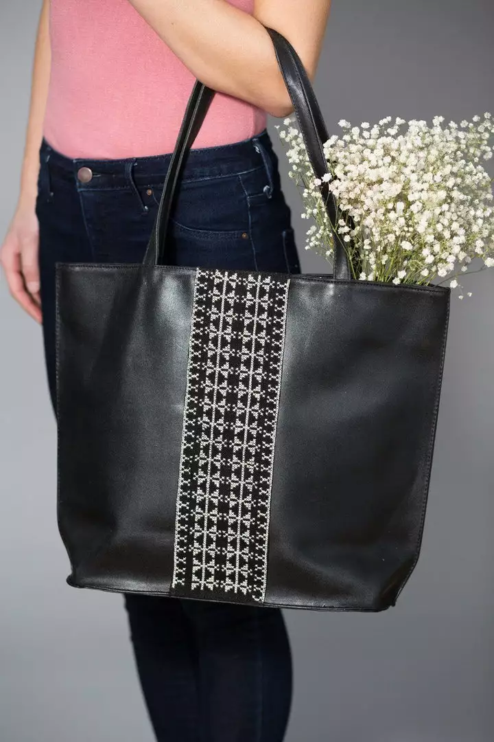 Darzah Black Leather Tatreez Tote Bag Fair Trade 1 Darzah Black Leather Tatreez Tote Bag Fair Trade