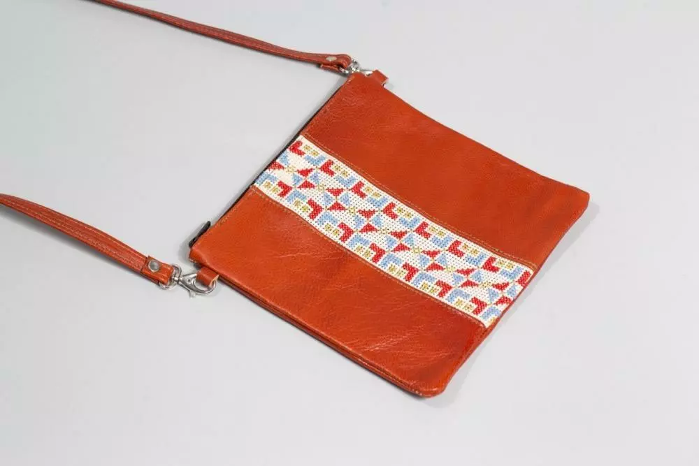 Darzah Clay Tatreez Crossbody Bag — Blue + Rust Fair Trade 1 Darzah Clay Tatreez Crossbody Bag — Blue + Rust Fair Trade
