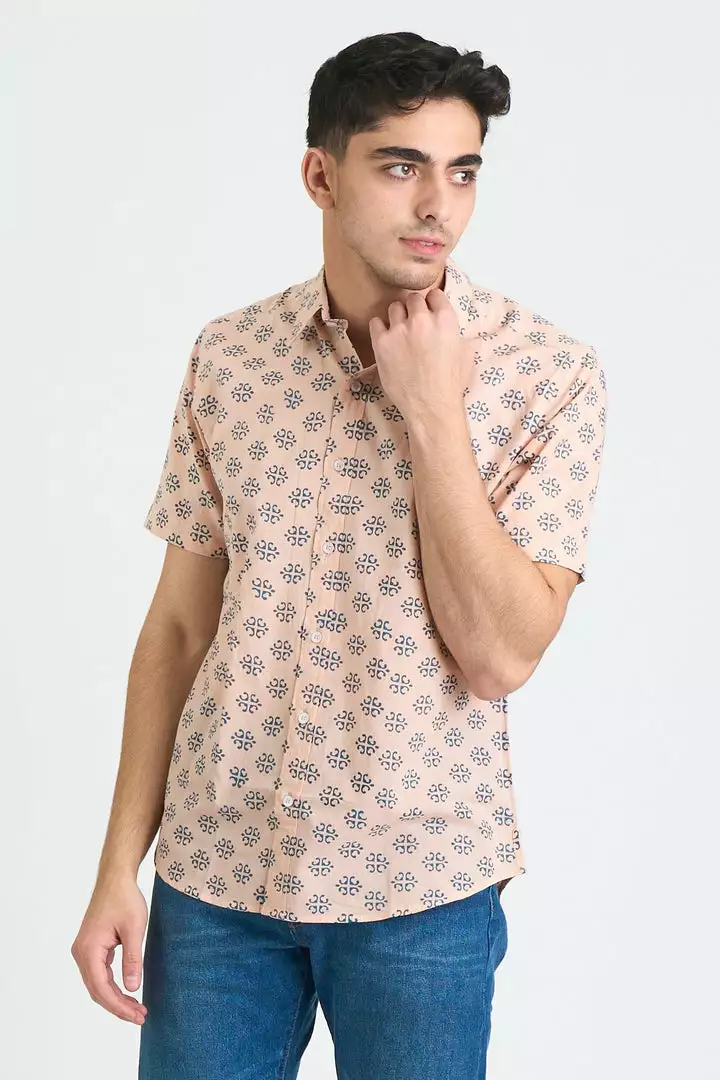 Dushyant Asthana Men's Prat Short Sleeve Shirt - Pink + Blue Motif 1 Dushyant Asthana Men's Prat Short Sleeve Shirt - Pink + Blue Motif