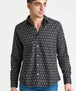 Dushyant Asthana Men's Amir Long Sleeve Shirt - Black + Blue Motif