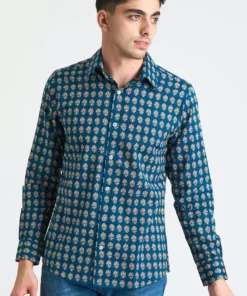 Dushyant Asthana Men's Amir Long Sleeve Shirt - Blue + Red Motif