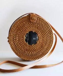 Hathorway BIPOC Owned Tan Tien Buffalo Horn Centerpiece Circle Wicker Rattan Bag