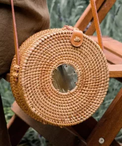 Hathorway BIPOC Owned Tan Tien Buffalo Horn Centerpiece Circle Wicker Rattan Bag