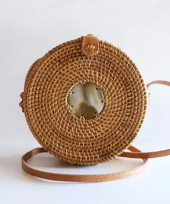 Hathorway BIPOC Owned Tan Tien Buffalo Horn Centerpiece Circle Wicker Rattan Bag
