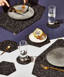 Slash Objects Hex Recycled Rubber Trivet Set - Speckled Black