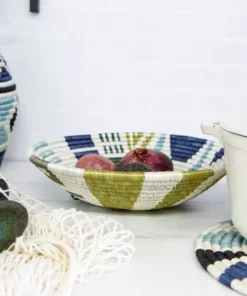 KAZI Home Goods Large Silver Blue Biko Round Basket