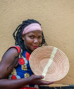 KAZI Large Tan Striped Round Basket