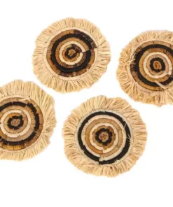 KAZI Banana Bark + Raffia Fringed Coasters Home Goods