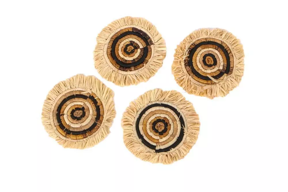 KAZI Banana Bark + Raffia Fringed Coasters Home Goods 1 KAZI Banana Bark + Raffia Fringed Coasters Home Goods