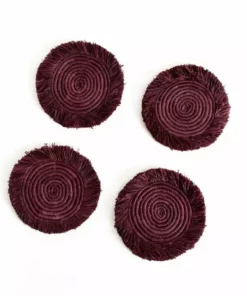 KAZI Burgundy Fringed Raffia Coasters