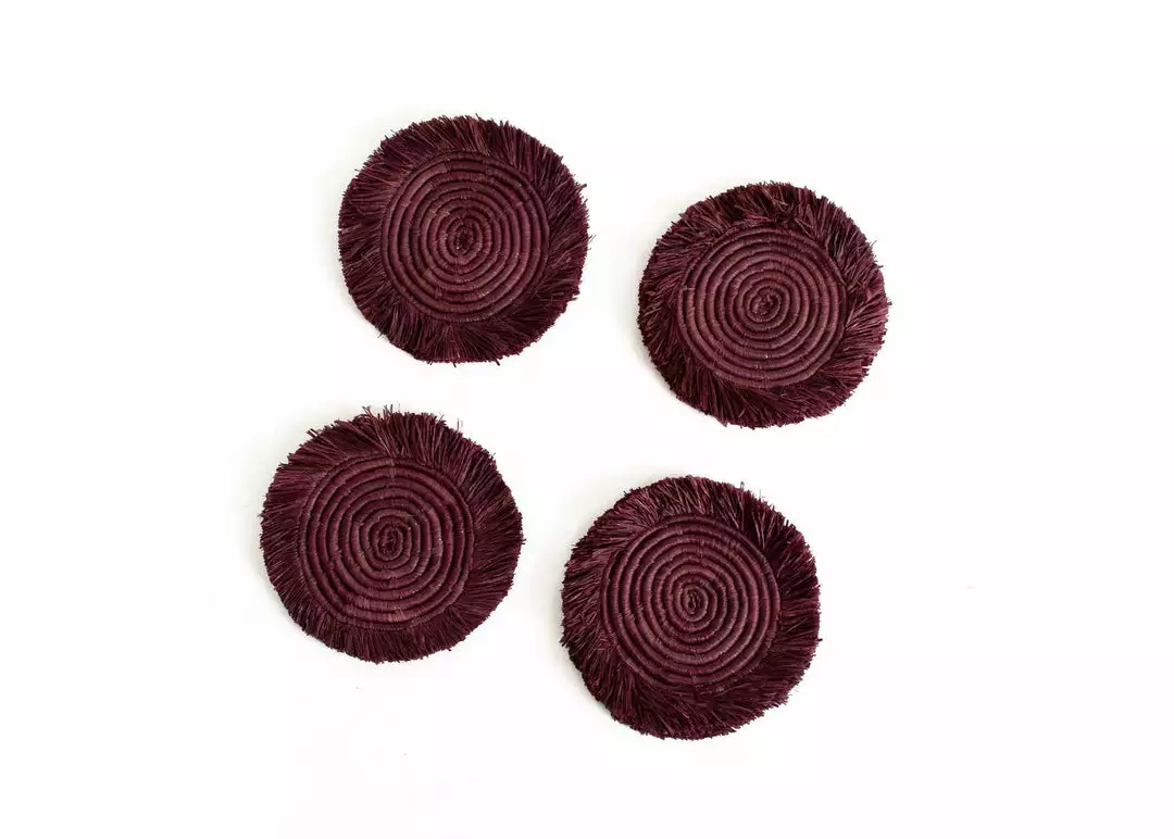 KAZI Burgundy Fringed Raffia Coasters 1 KAZI Burgundy Fringed Raffia Coasters