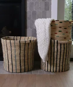 KAZI Cool Striped Raffia Floor Storage Basket