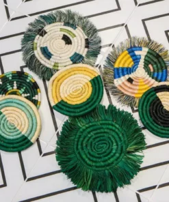 KAZI Home Goods Evergreen Fringed Oversized Raffia Coaster Set