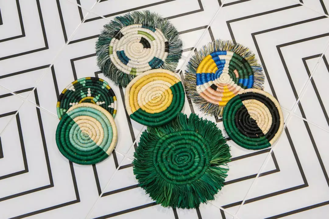 KAZI Home Goods Evergreen Fringed Oversized Raffia Coaster Set 2 KAZI Home Goods Evergreen Fringed Oversized Raffia Coaster Set