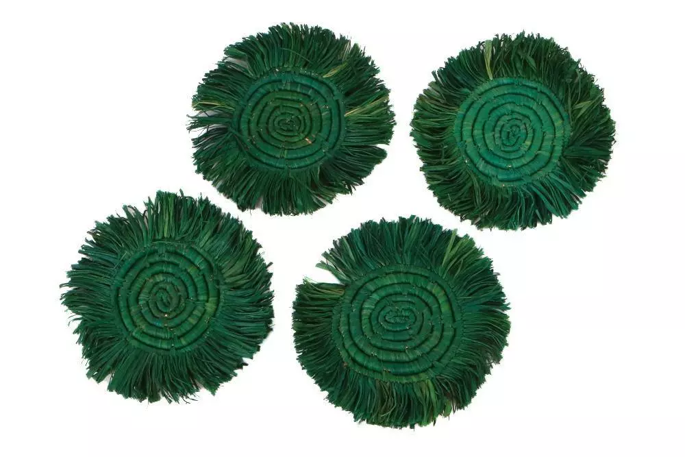 KAZI Home Goods Evergreen Fringed Oversized Raffia Coaster Set 1 KAZI Home Goods Evergreen Fringed Oversized Raffia Coaster Set