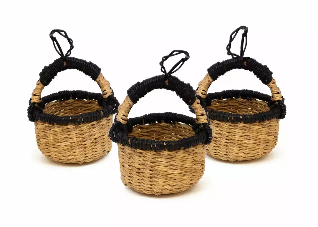 KAZI Petite Bolga Basket Ornament Set - Natural + Black 1 KAZI Petite Bolga Basket Ornament Set - Natural + Black