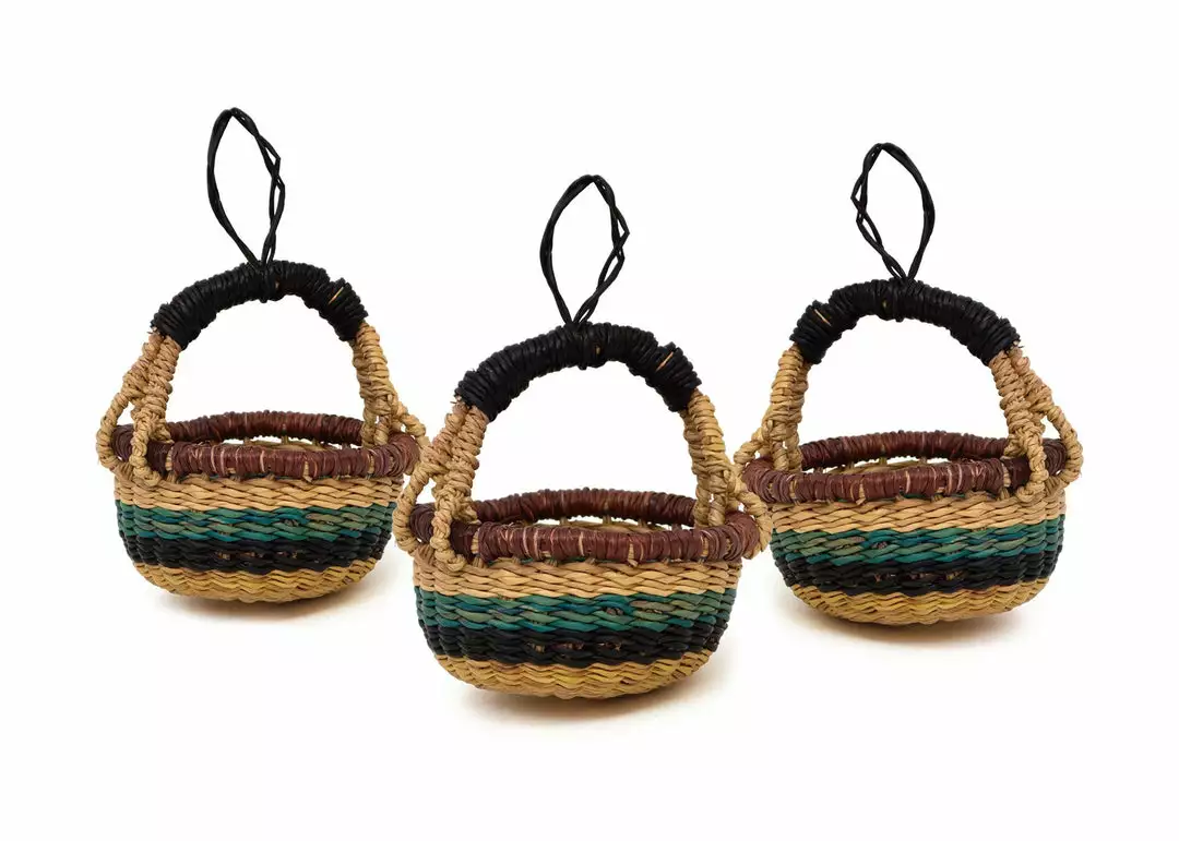 KAZI Petite Bolga Basket Ornament Set - Blue + Black 1 KAZI Petite Bolga Basket Ornament Set - Blue + Black