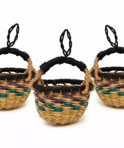 KAZI Fair Trade Petite Bolga Basket Ornament Set - Blue Checkered