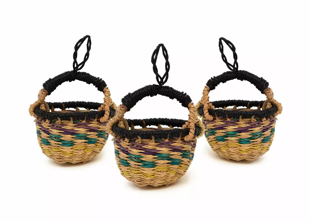 KAZI Fair Trade Petite Bolga Basket Ornament Set - Blue Checkered 1 KAZI Fair Trade Petite Bolga Basket Ornament Set - Blue Checkered