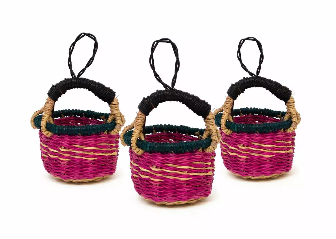 KAZI Petite Bolga Basket Ornament Set - Pink 1 KAZI Petite Bolga Basket Ornament Set - Pink