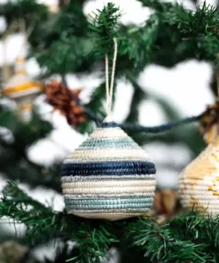 KAZI Fair Trade Striped Soft Blue + Silver Bulb Ornament