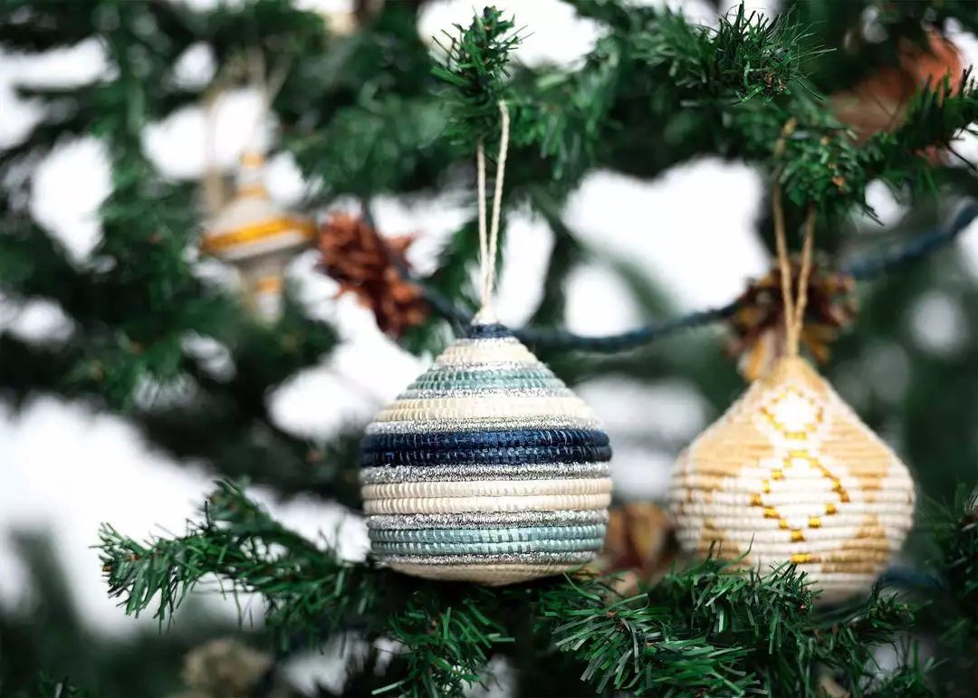 KAZI Fair Trade Striped Soft Blue + Silver Bulb Ornament 2 KAZI Fair Trade Striped Soft Blue + Silver Bulb Ornament