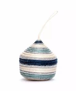 KAZI Fair Trade Striped Soft Blue + Silver Bulb Ornament