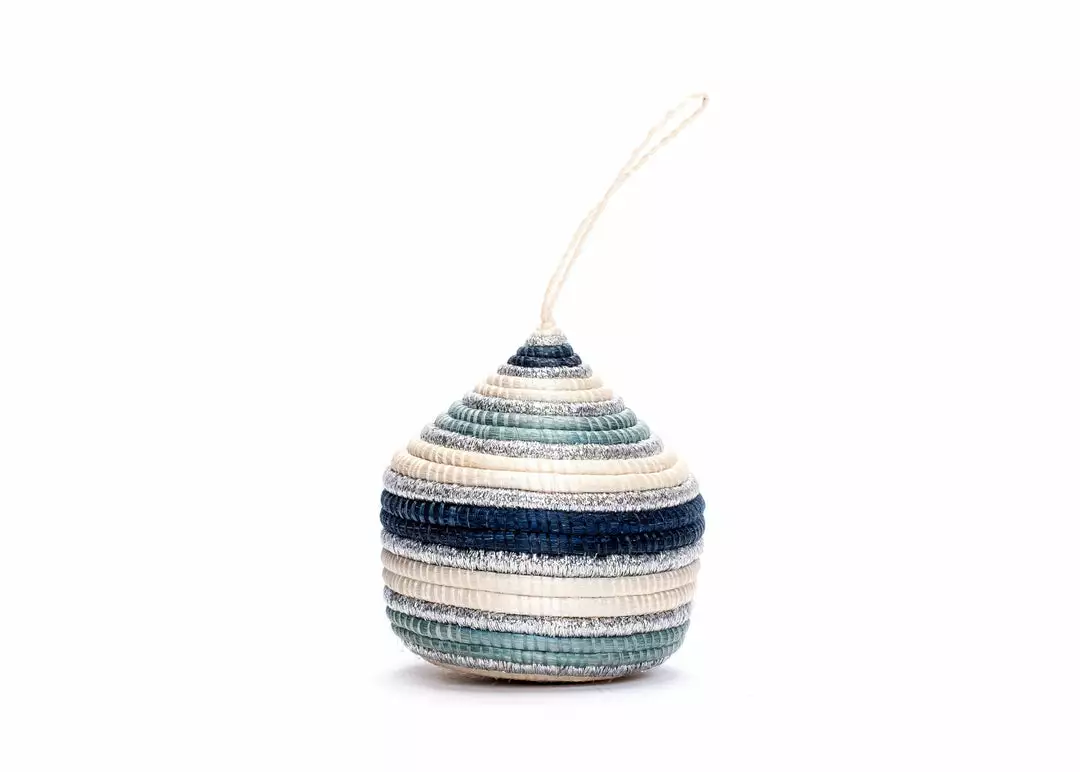 KAZI Fair Trade Striped Soft Blue + Silver Bulb Ornament 1 KAZI Fair Trade Striped Soft Blue + Silver Bulb Ornament