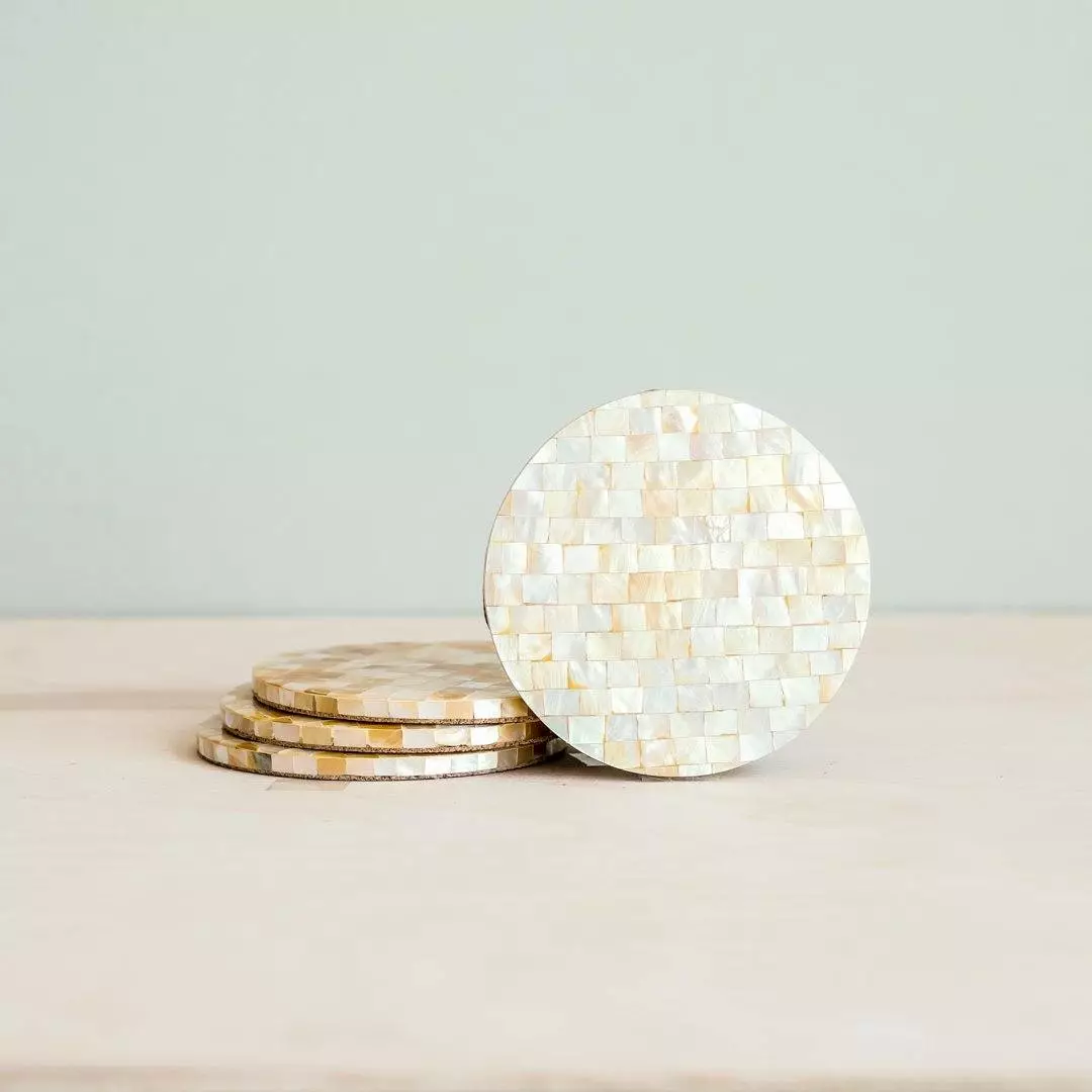 LIKHÂ Golden Yellow Mother Of Pearl Coaster Set Office Accessories 1 LIKHÂ Golden Yellow Mother Of Pearl Coaster Set Office Accessories