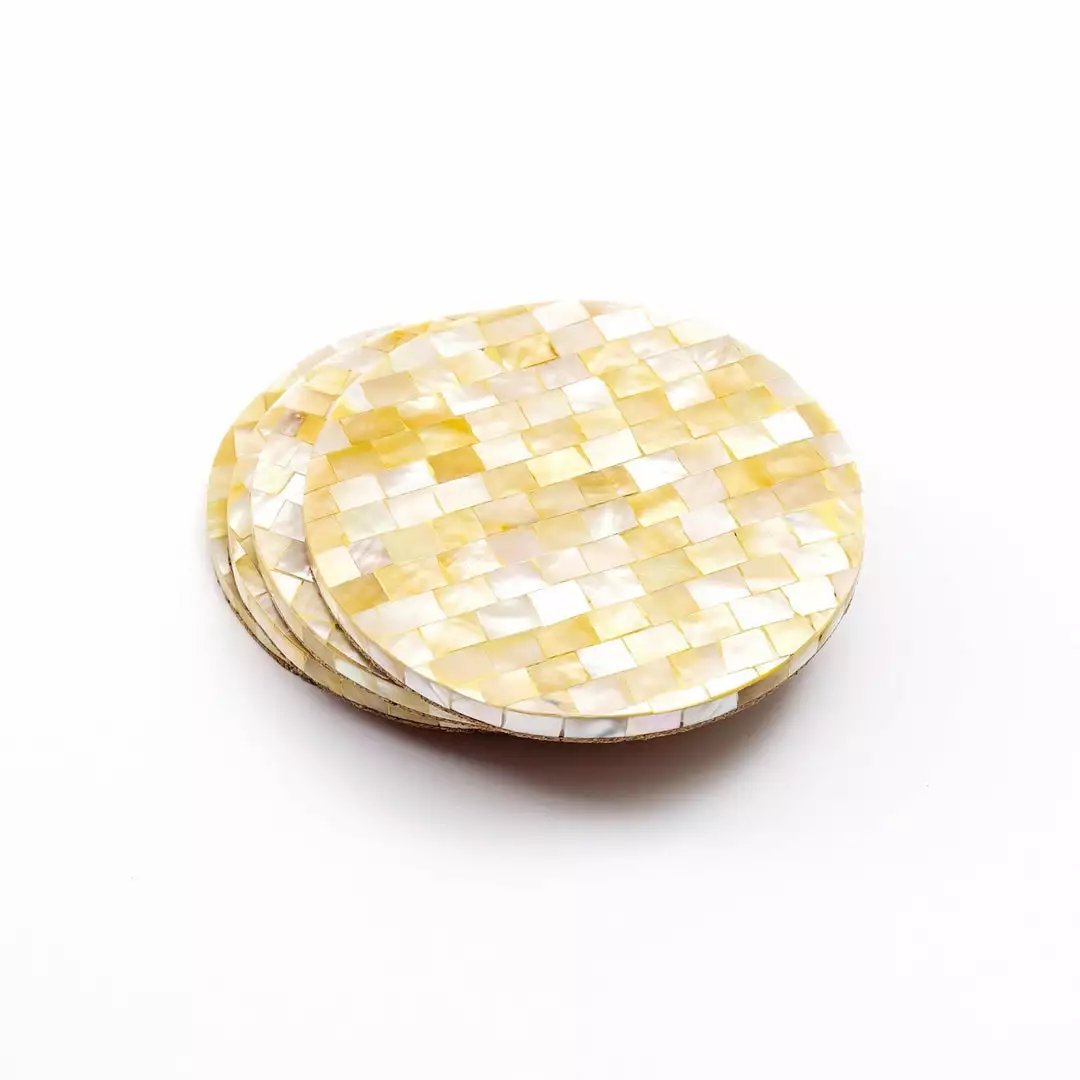 LIKHÂ Golden Yellow Mother Of Pearl Coaster Set Office Accessories 3 LIKHÂ Golden Yellow Mother Of Pearl Coaster Set Office Accessories