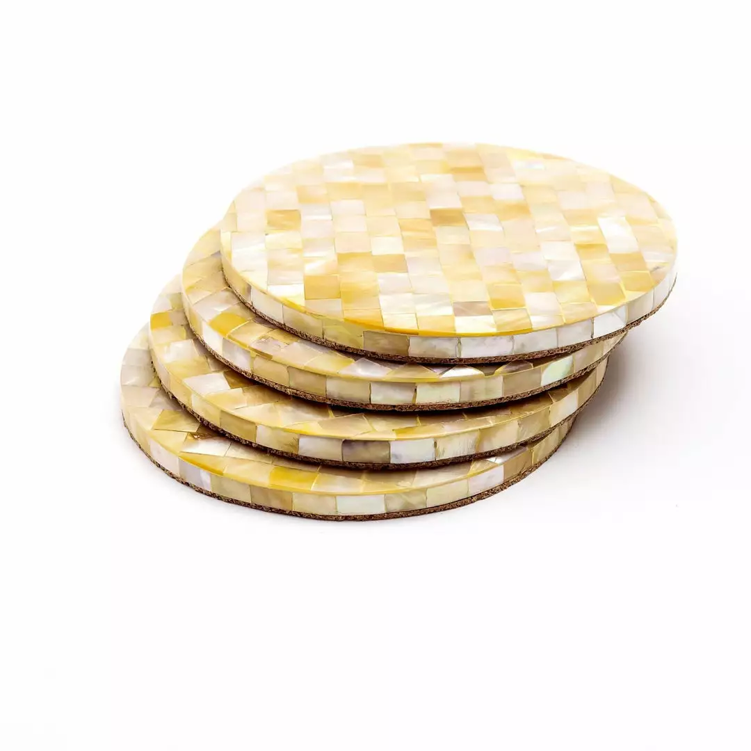 LIKHÂ Golden Yellow Mother Of Pearl Coaster Set Office Accessories 5 LIKHÂ Golden Yellow Mother Of Pearl Coaster Set Office Accessories