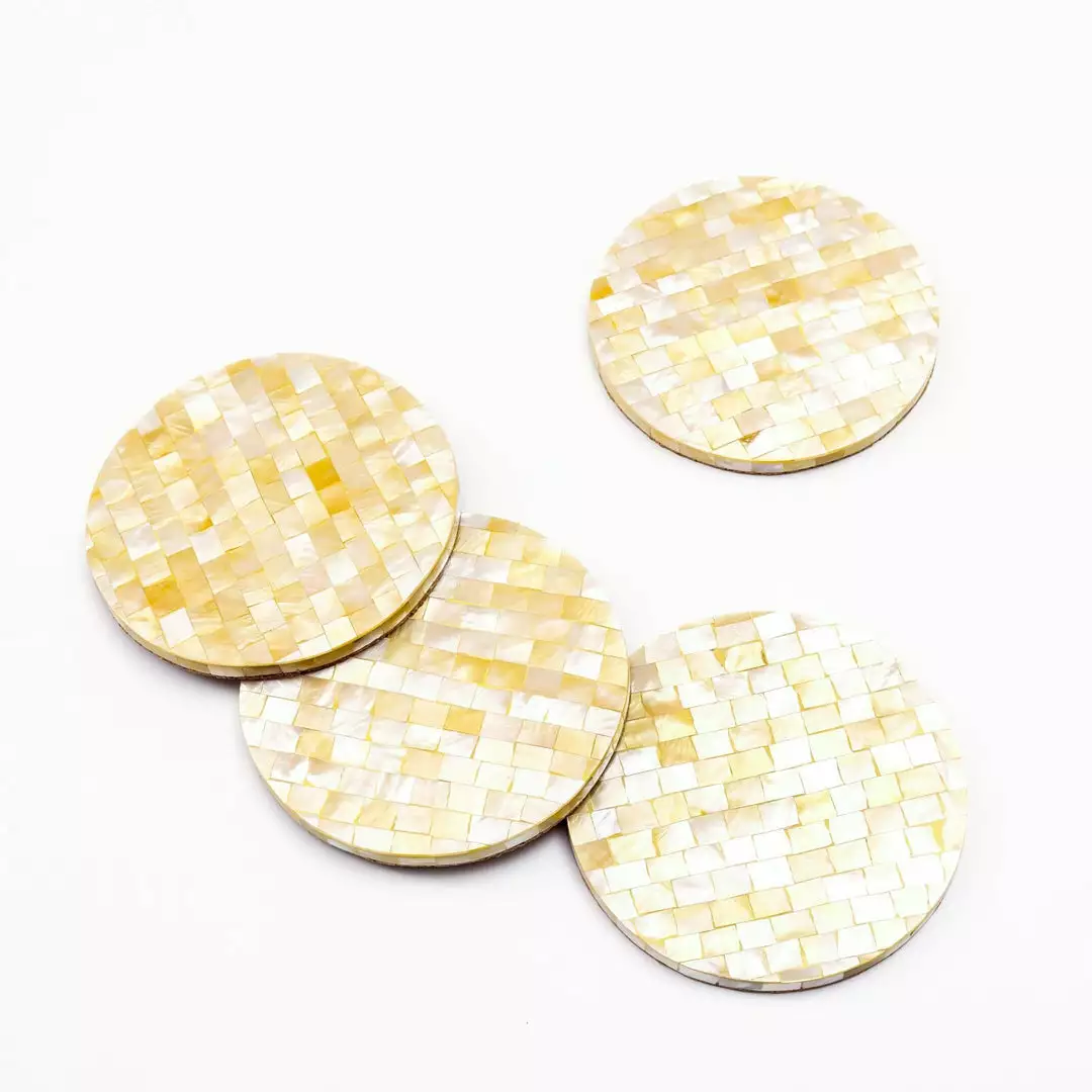 LIKHÂ Golden Yellow Mother Of Pearl Coaster Set Office Accessories 2 LIKHÂ Golden Yellow Mother Of Pearl Coaster Set Office Accessories