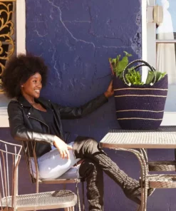 Swahili African Modern Midnight Blue Pinstripe Bolga Shopper Bag