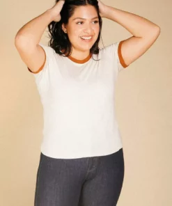 Poplinen Best Sellers Pat Bamboo Ringer Tee - Heather Almond + Rust
