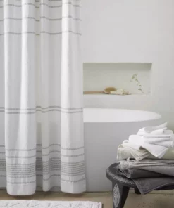 Coyuchi Rippled Stripe Shower Curtain - Alpine White / Gray