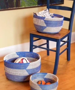 Swahili African Modern Set Of Three Blue Herringbone Sewing Baskets Home Goods 7 Swahili African Modern Set Of Three Blue Herringbone Sewing Baskets Home Goods