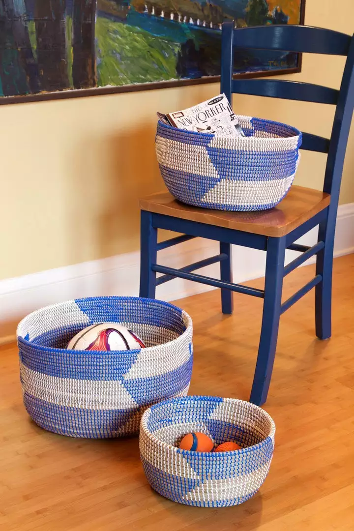 Swahili African Modern Set Of Three Blue Herringbone Sewing Baskets Home Goods 4 Swahili African Modern Set Of Three Blue Herringbone Sewing Baskets Home Goods
