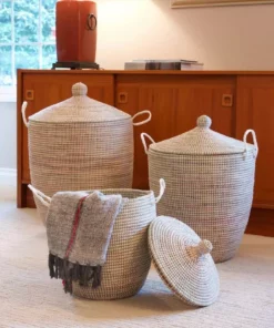 Swahili African Modern Home Goods Solid White Hamper Set