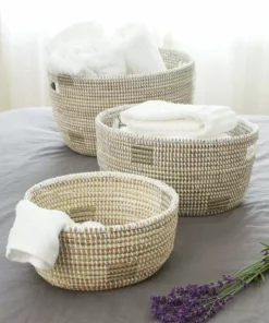 Swahili African Modern Set Of Three White Nesting Baskets 7 Swahili African Modern Set Of Three White Nesting Baskets